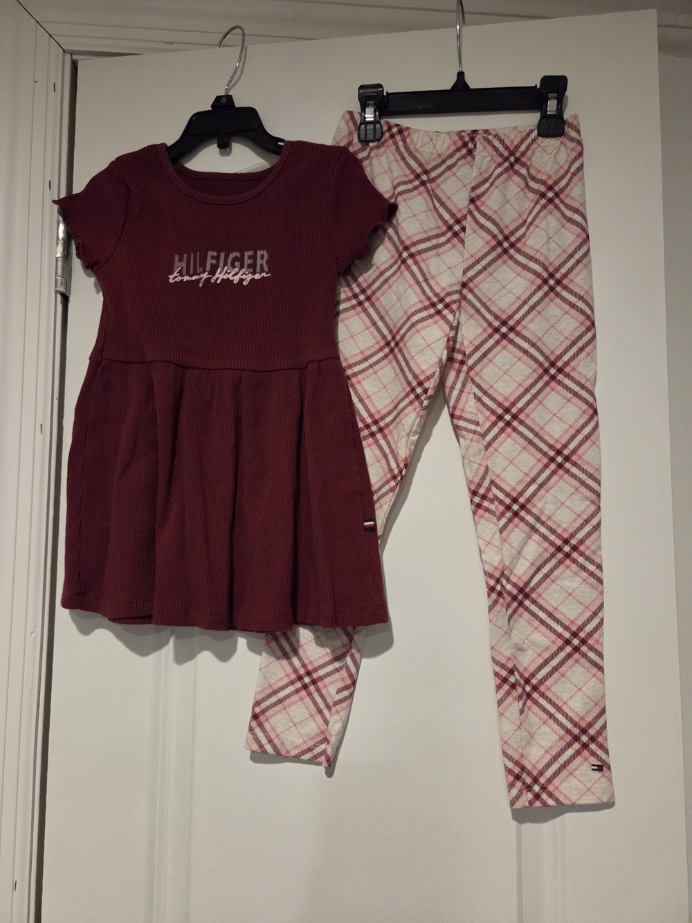 Tommy Hilfiger Girls Burgundy Ribbed Dress & Plaid Leggings Set